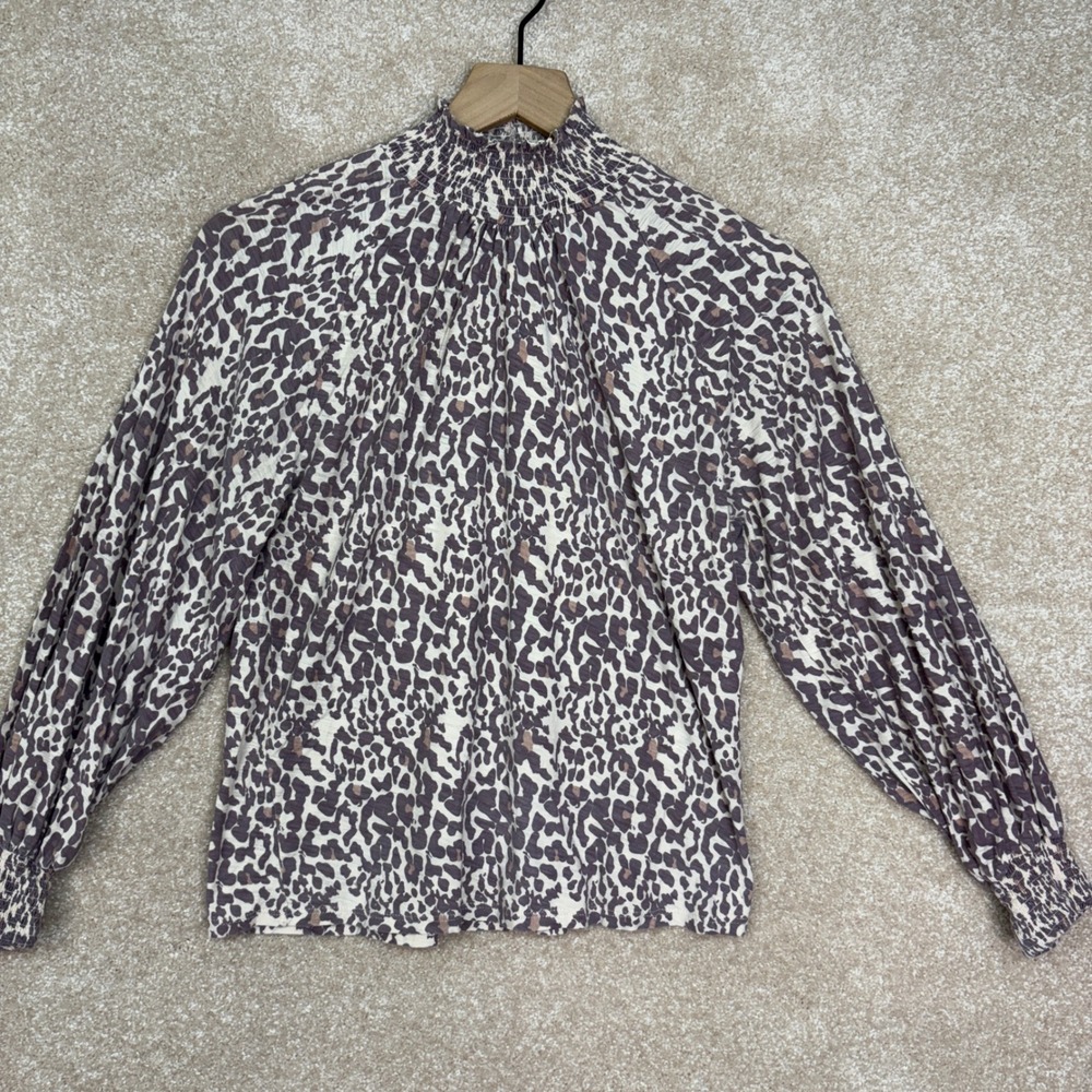 NATION LTD‎ Top Shirt Size Small Leopard Print Puff Sleeve Pima Cotton
